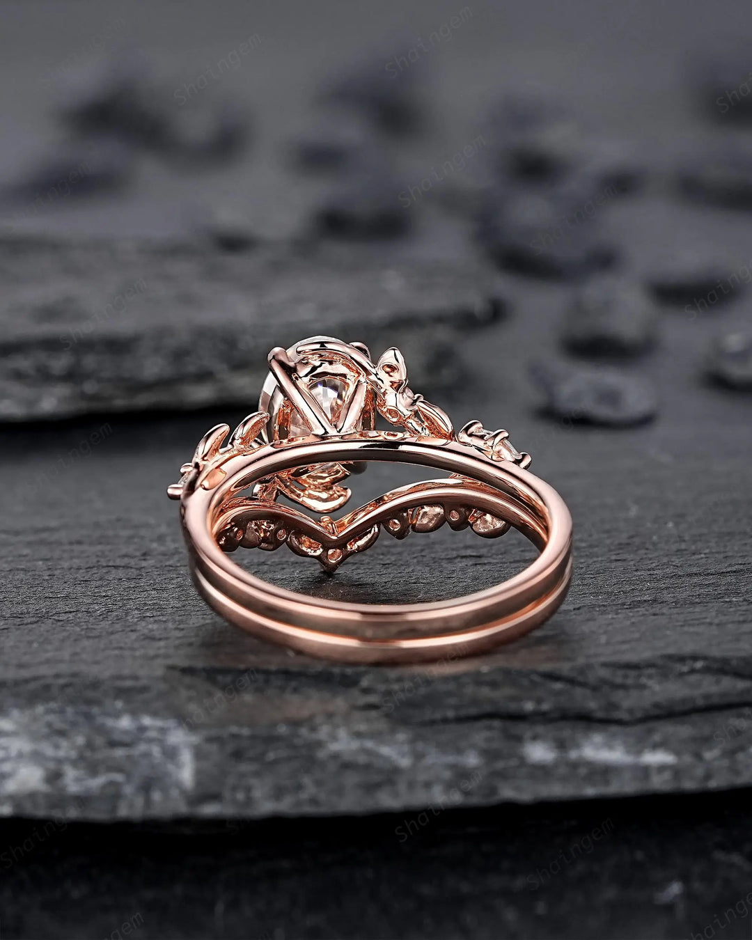 Vintage Oval Shape Moissanite Leaf Engagement Ring Set: Unique 14K 18K Rose Gold Twig Branch Vine Wedding Promise Platinum, 925 Silver - ShainJewelry