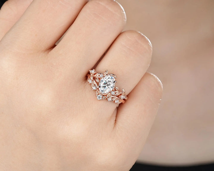 Vintage Oval Shape Moissanite Leaf Engagement Ring Set: Unique 14K 18K Rose Gold Twig Branch Vine Wedding Promise Platinum, 925 Silver - ShainJewelry