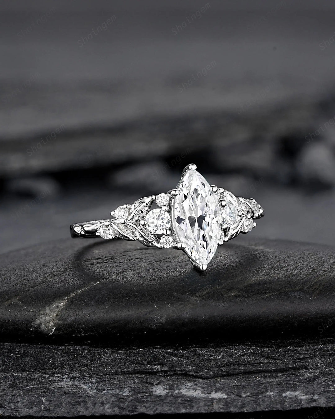 Platinum Marquise Moissanite Leaf Engagement Ring Nature Inspired Diamond Wedding Vintage Solid 14K 18K White Gold Promise Gift for Women - ShainJewelry