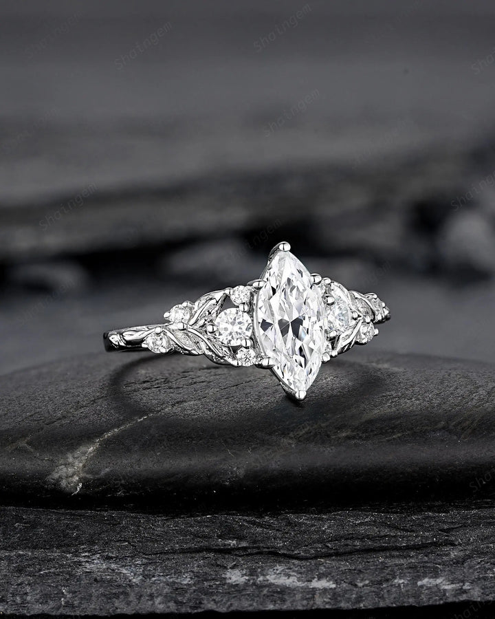 Platinum Marquise Moissanite Leaf Engagement Ring Nature Inspired Diamond Wedding Vintage Solid 14K 18K White Gold Promise Gift for Women - ShainJewelry