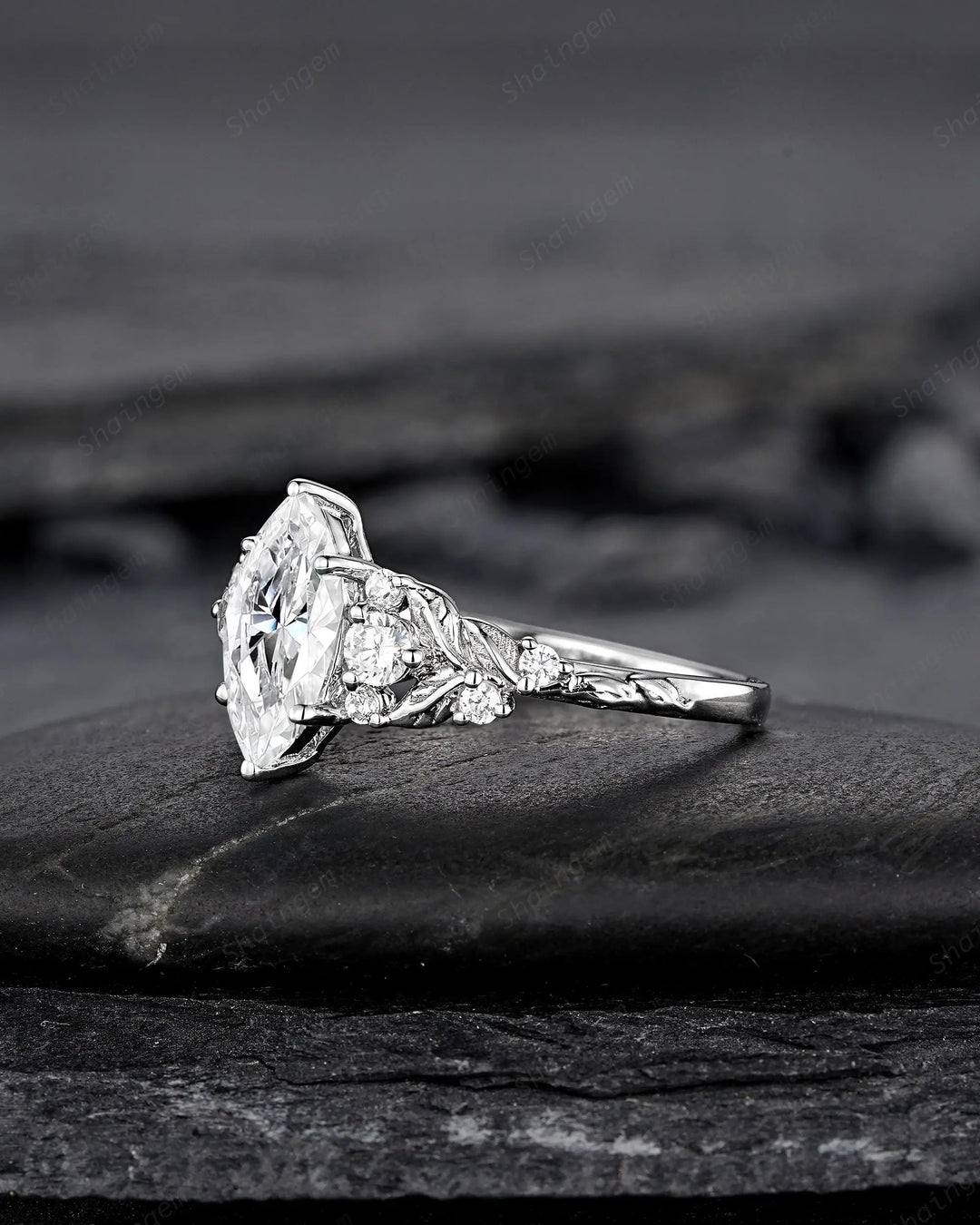 Platinum Marquise Moissanite Leaf Engagement Ring Nature Inspired Diamond Wedding Vintage Solid 14K 18K White Gold Promise Gift for Women - ShainJewelry