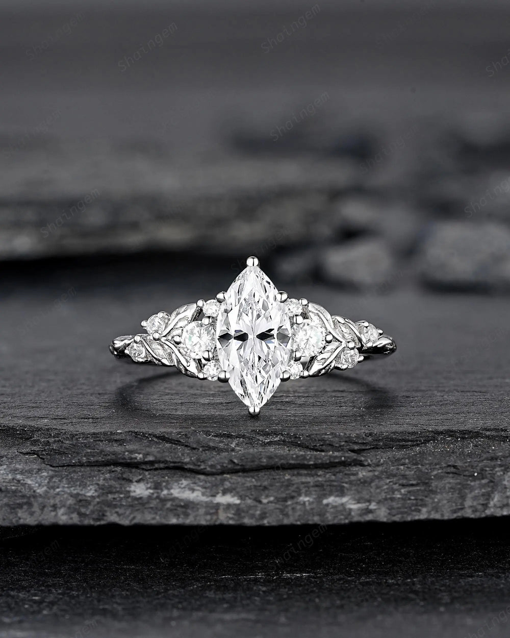 Platinum Marquise Moissanite Leaf Engagement Ring Nature Inspired Diamond Wedding Vintage Solid 14K 18K White Gold Promise Gift for Women - ShainJewelry