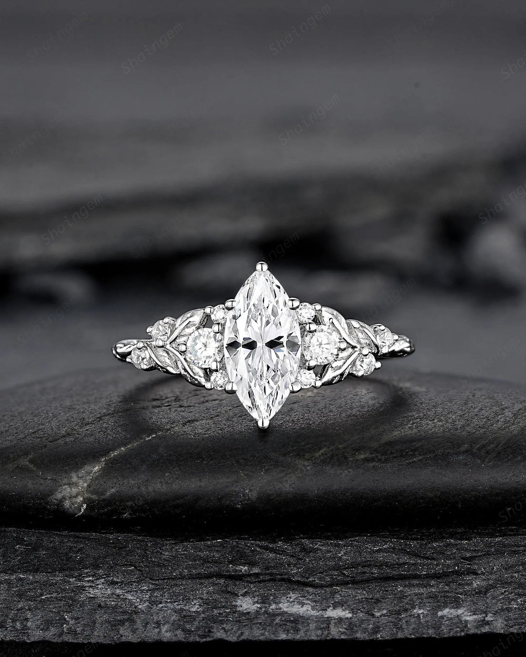 Platinum Marquise Moissanite Leaf Engagement Ring Nature Inspired Diamond Wedding Vintage Solid 14K 18K White Gold Promise Gift for Women - ShainJewelry