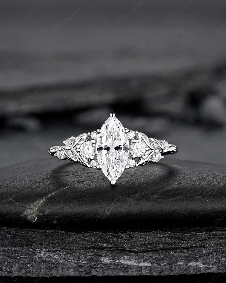 Platinum Marquise Moissanite Leaf Engagement Ring Nature Inspired Diamond Wedding Vintage Solid 14K 18K White Gold Promise Gift for Women - ShainJewelry