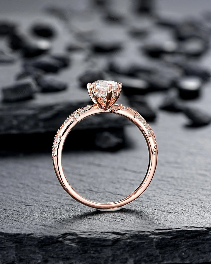 Unique Marquise Cut Moissanite Engagement Ring, Vintage Hidden Halo Diamond Wedding 14K 18K Rose Gold Promise 925 Sterling Silver, Platinum - ShainJewelry