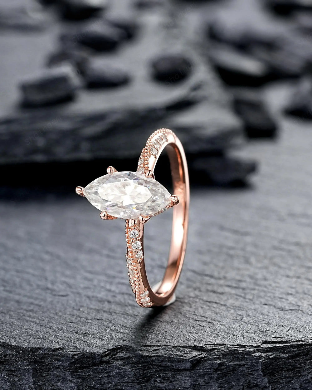 Unique Marquise Cut Moissanite Engagement Ring, Vintage Hidden Halo Diamond Wedding 14K 18K Rose Gold Promise 925 Sterling Silver, Platinum - ShainJewelry