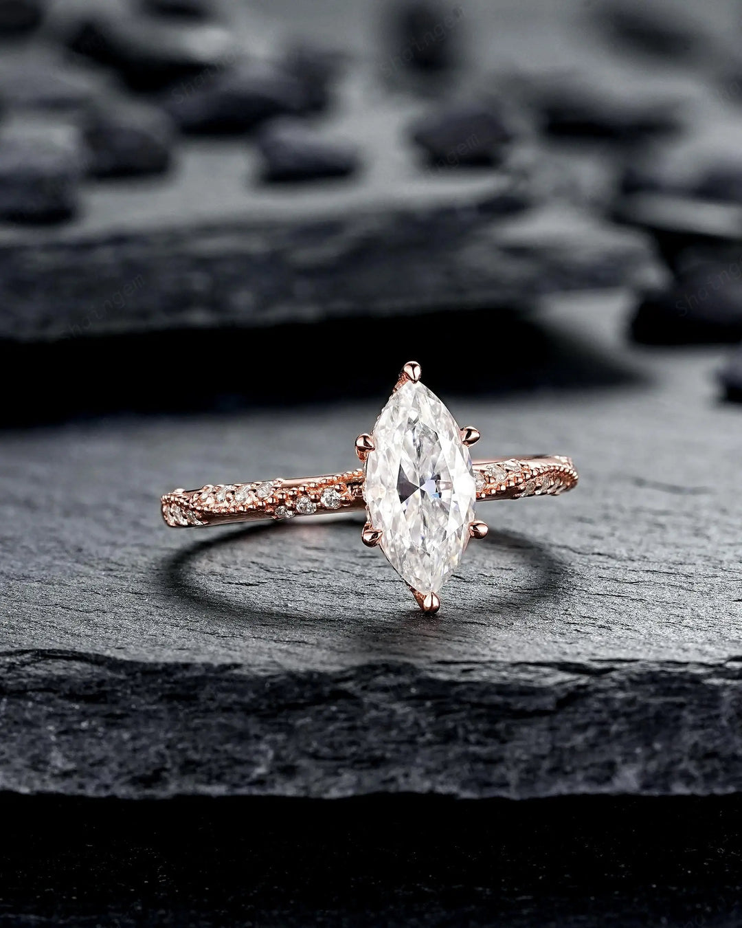 Unique Marquise Cut Moissanite Engagement Ring, Vintage Hidden Halo Diamond Wedding 14K 18K Rose Gold Promise 925 Sterling Silver, Platinum - ShainJewelry