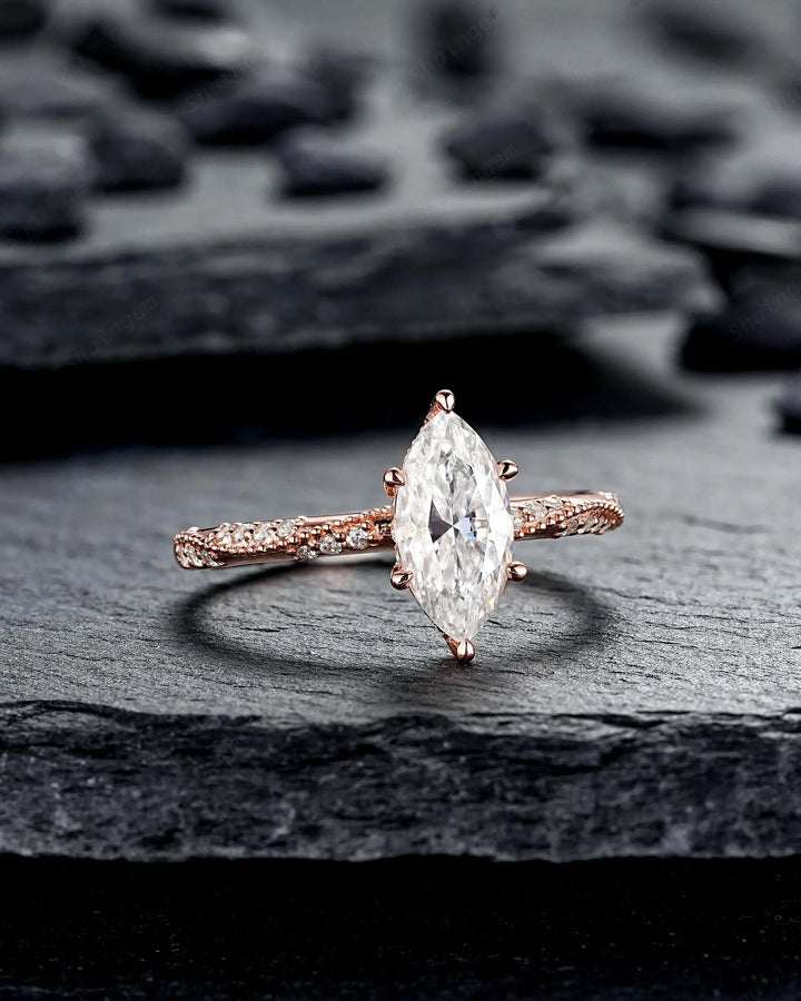 Unique Marquise Cut Moissanite Engagement Ring, Vintage Hidden Halo Diamond Wedding 14K 18K Rose Gold Promise 925 Sterling Silver, Platinum - ShainJewelry