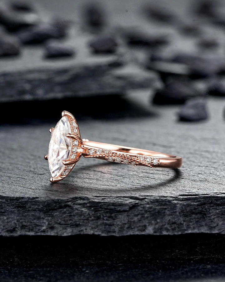 Unique Marquise Cut Moissanite Engagement Ring, Vintage Hidden Halo Diamond Wedding 14K 18K Rose Gold Promise 925 Sterling Silver, Platinum - ShainJewelry