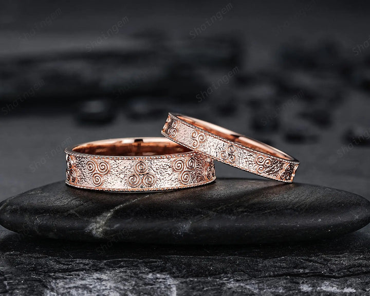 Unique His and Hers Celtic Spiral Knot Full Eternity Couple Ring Set, Milgrain Rose Gold Wedding Band, Matching Band Engagement Promise Ring - ShainJewelry