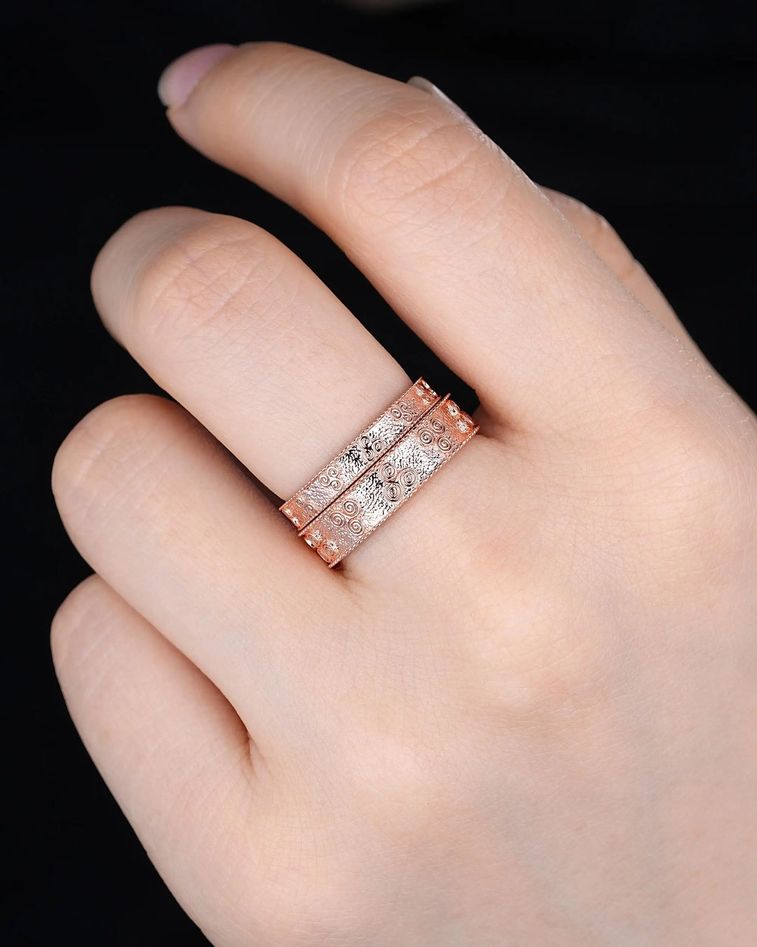 Unique His and Hers Celtic Spiral Knot Full Eternity Couple Ring Set, Milgrain Rose Gold Wedding Band, Matching Band Engagement Promise Ring - ShainJewelry
