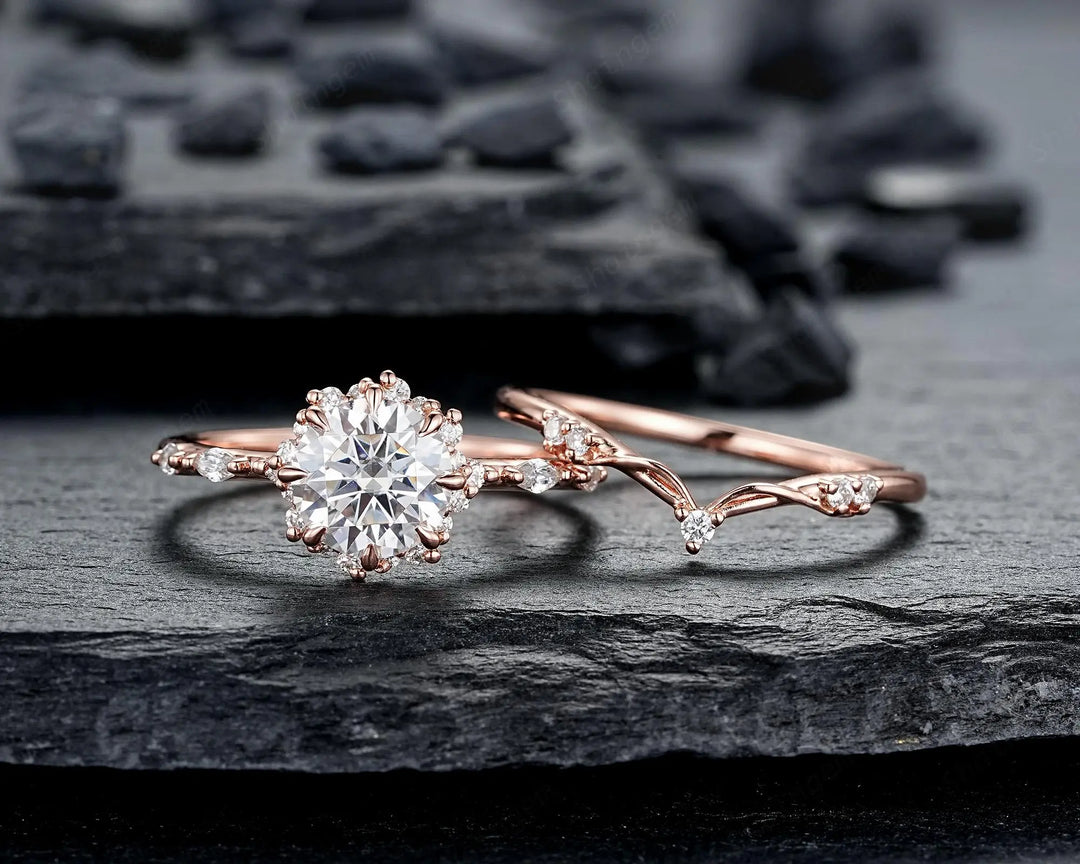 8 Prongs Round Shape Moissanite Floral Engagement Ring Set, Solid 14K 18K Rose Gold Halo Wedding Promise Knife Edge, Platinum, 925 Silver - ShainJewelry
