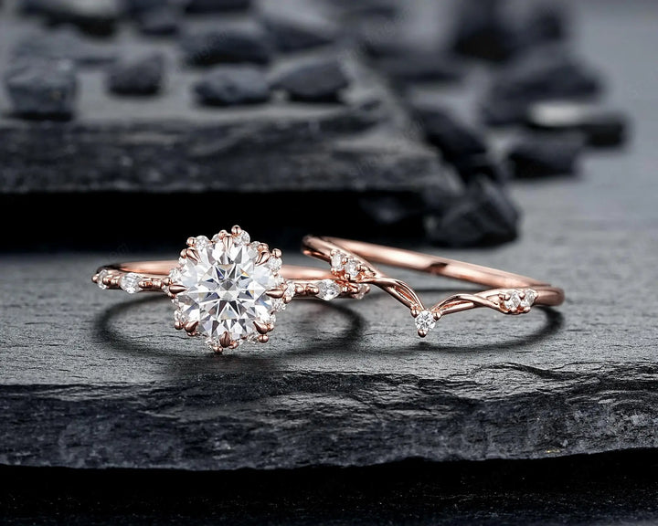8 Prongs Round Shape Moissanite Floral Engagement Ring Set, Solid 14K 18K Rose Gold Halo Wedding Promise Knife Edge, Platinum, 925 Silver - ShainJewelry