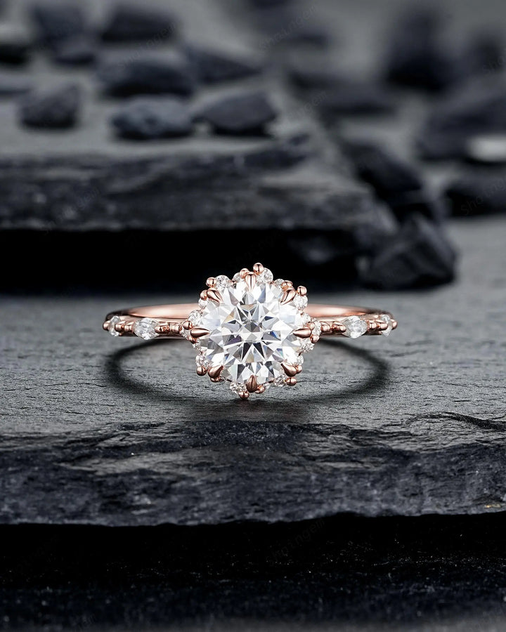 8 Prongs Round Shape Moissanite Floral Engagement Ring Set, Solid 14K 18K Rose Gold Halo Wedding Promise Knife Edge, Platinum, 925 Silver - ShainJewelry