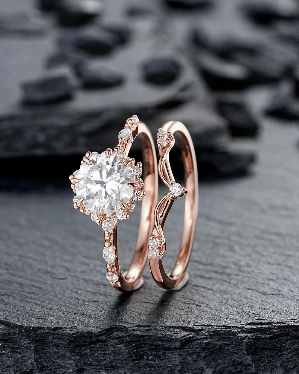 8 Prongs Round Shape Moissanite Floral Engagement Ring Set, Solid 14K 18K Rose Gold Halo Wedding Promise Knife Edge, Platinum, 925 Silver - ShainJewelry