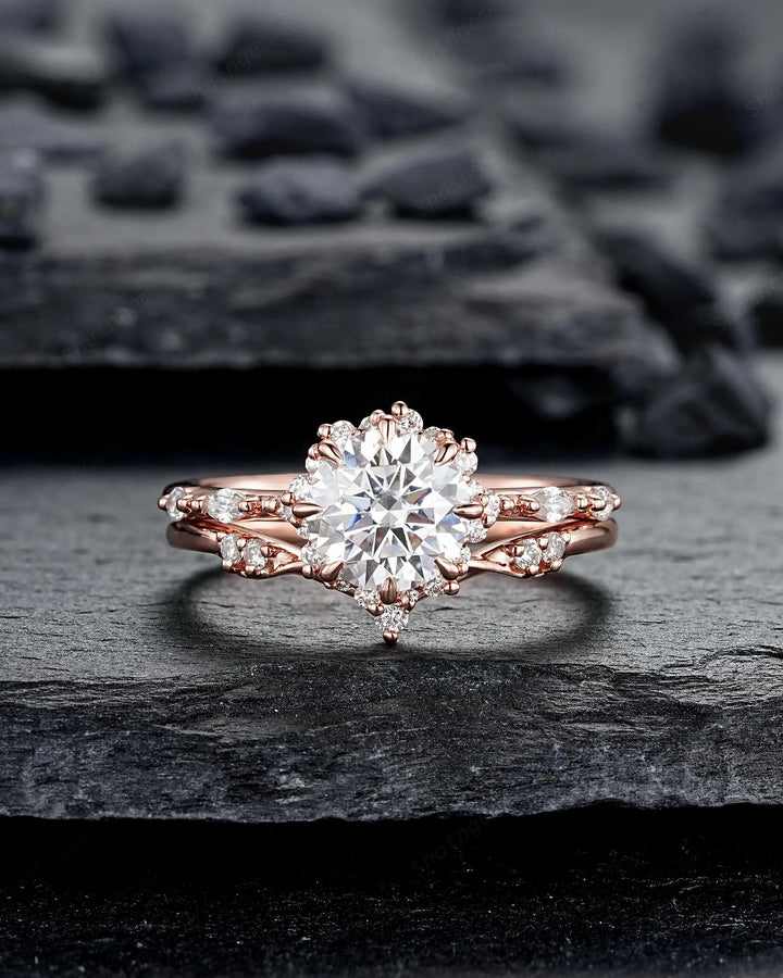 8 Prongs Round Shape Moissanite Floral Engagement Ring Set, Solid 14K 18K Rose Gold Halo Wedding Promise Knife Edge, Platinum, 925 Silver - ShainJewelry