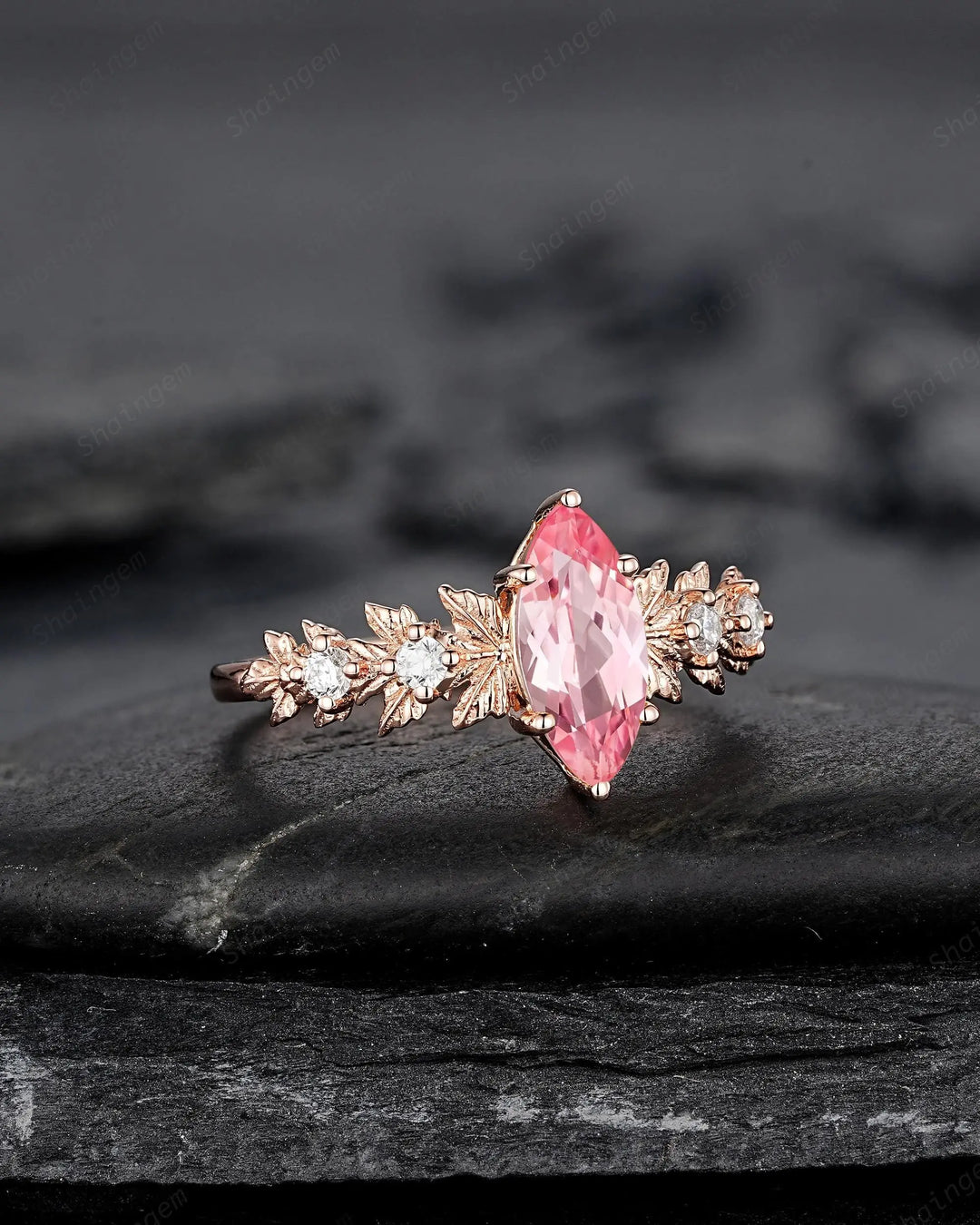 Vintage Marquise Pink Sapphire Maple Leaf Engagement Ring, Unique 14K 18K Rose Gold Promise Wedding 925 Silver, Platinum, 24K Gold Plated - ShainJewelry