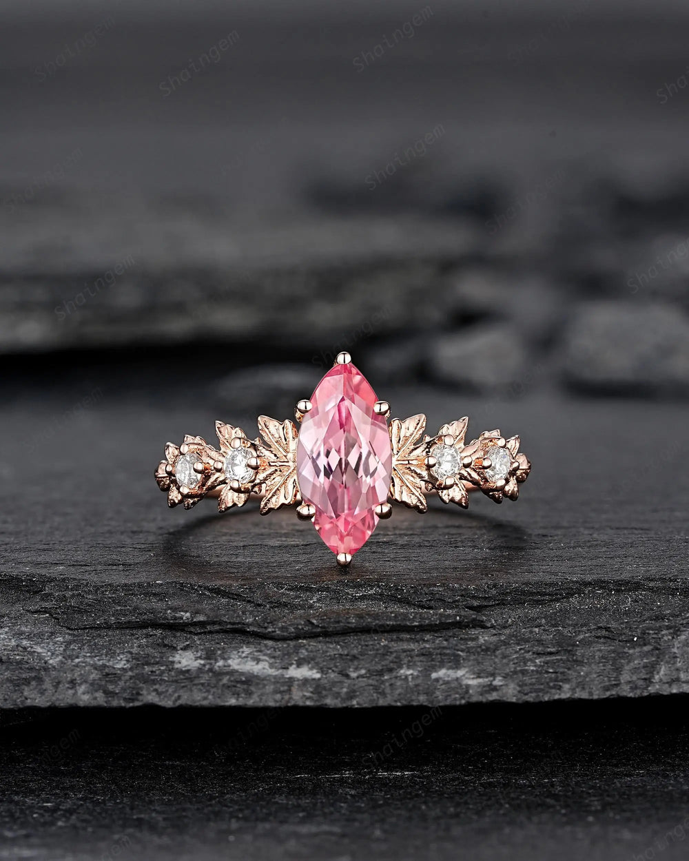 Vintage Marquise Pink Sapphire Maple Leaf Engagement Ring, Unique 14K 18K Rose Gold Promise Wedding 925 Silver, Platinum, 24K Gold Plated - ShainJewelry