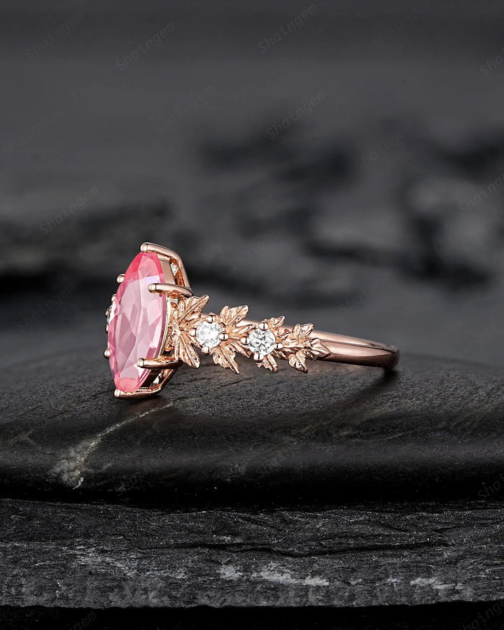 Vintage Marquise Pink Sapphire Maple Leaf Engagement Ring, Unique 14K 18K Rose Gold Promise Wedding 925 Silver, Platinum, 24K Gold Plated - ShainJewelry