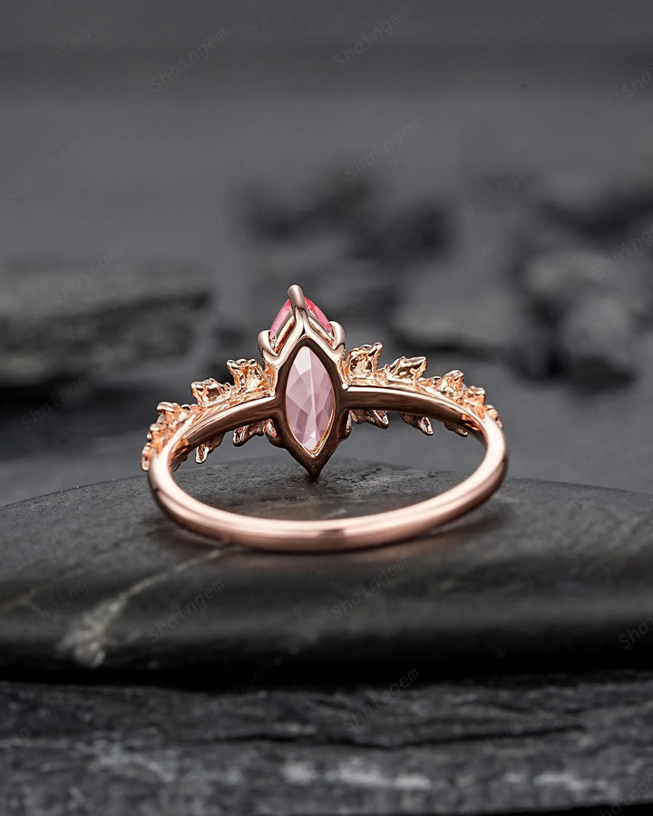 Vintage Marquise Pink Sapphire Maple Leaf Engagement Ring, Unique 14K 18K Rose Gold Promise Wedding 925 Silver, Platinum, 24K Gold Plated - ShainJewelry