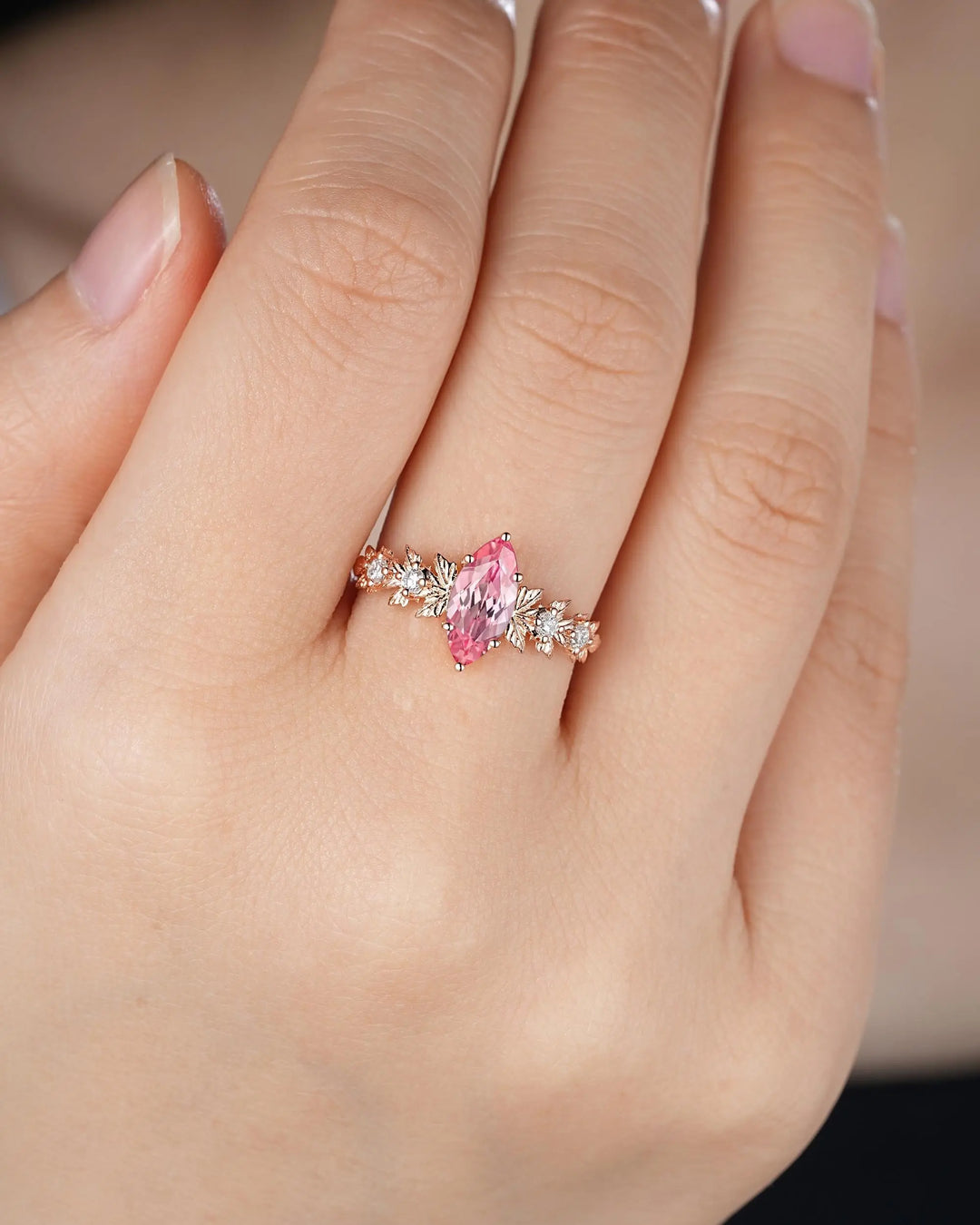 Vintage Marquise Pink Sapphire Maple Leaf Engagement Ring, Unique 14K 18K Rose Gold Promise Wedding 925 Silver, Platinum, 24K Gold Plated - ShainJewelry