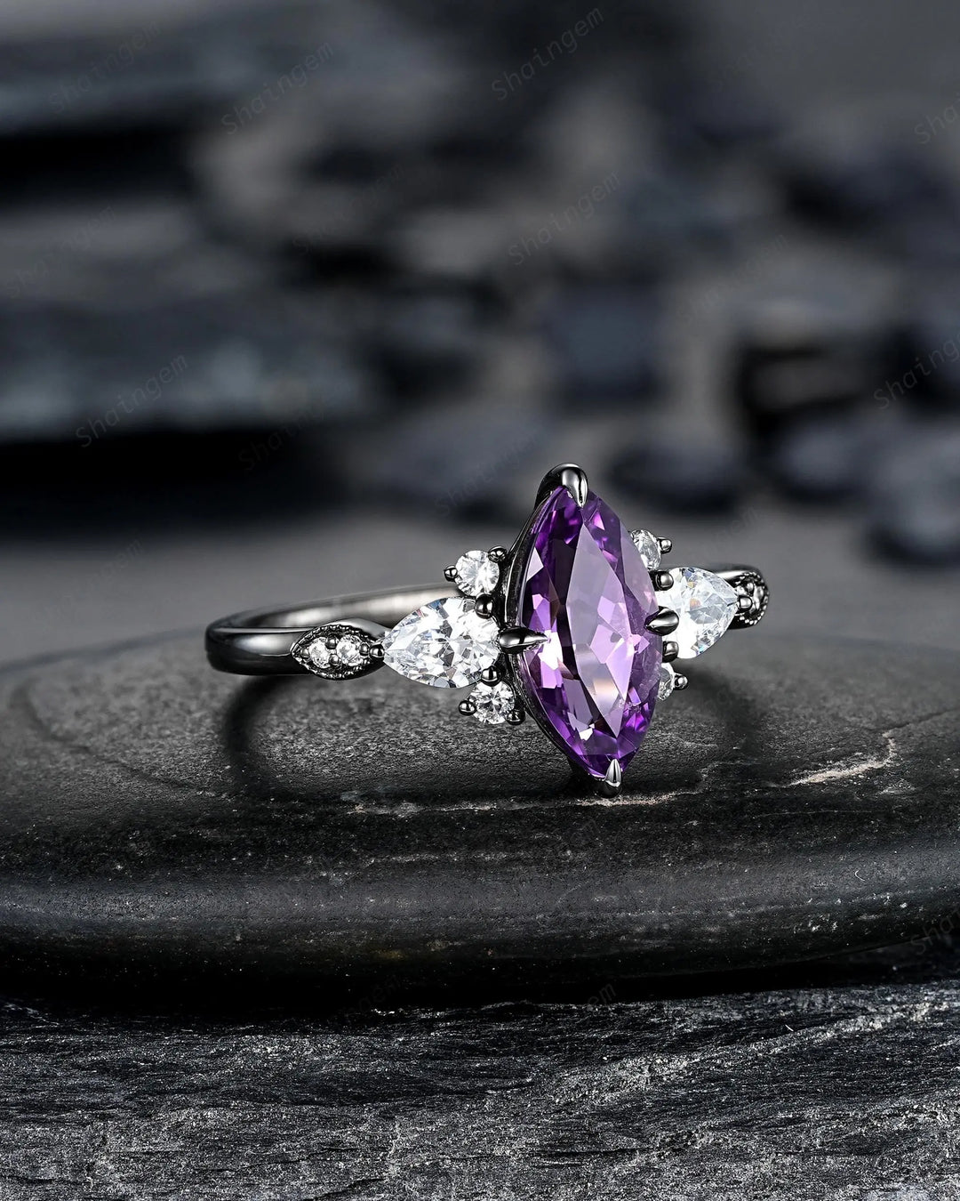 Unique Black Gold Marquise Cut Violet Purple Sapphire Engagement Ring, Gothic Witchy Black Rhodium Wedding Promise Anniversary Gift for her - ShainJewelry