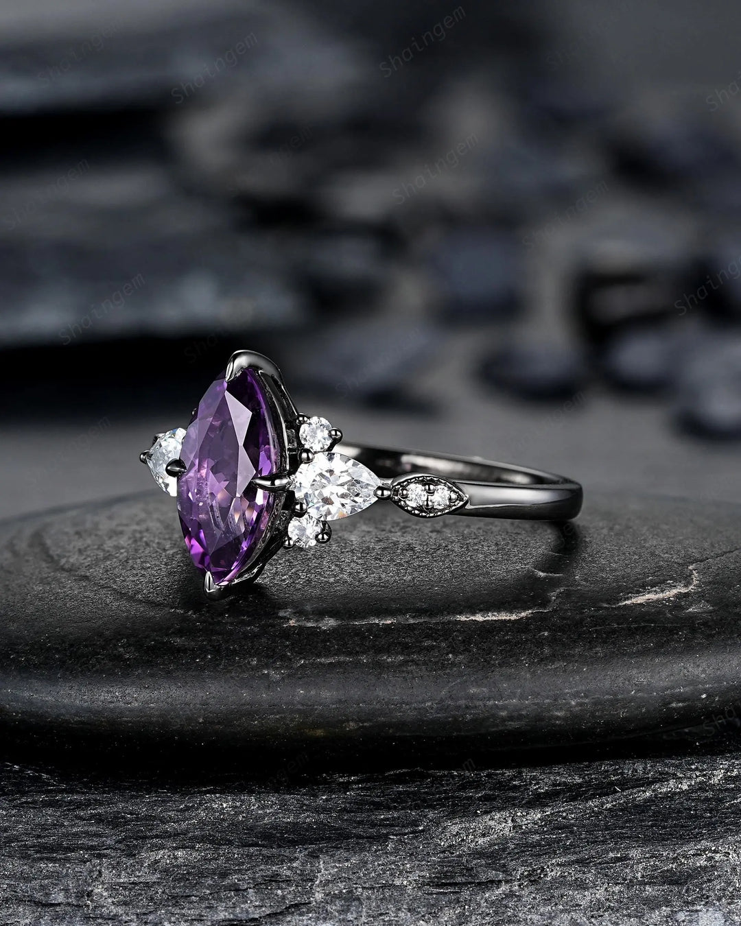 Unique Black Gold Marquise Cut Violet Purple Sapphire Engagement Ring, Gothic Witchy Black Rhodium Wedding Promise Anniversary Gift for her - ShainJewelry
