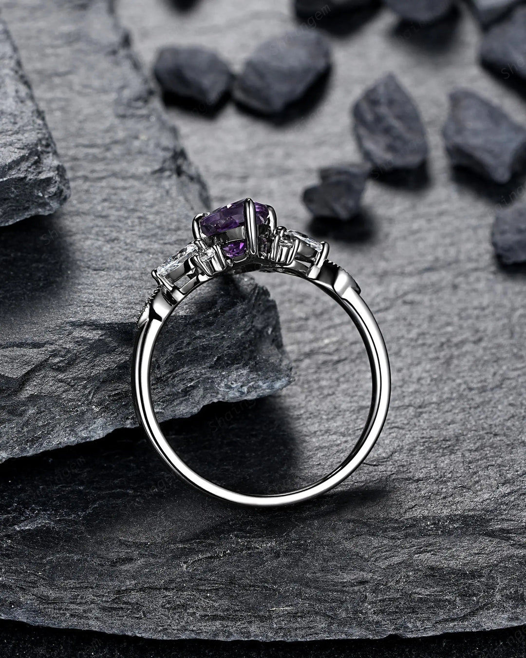 Unique Black Gold Marquise Cut Violet Purple Sapphire Engagement Ring, Gothic Witchy Black Rhodium Wedding Promise Anniversary Gift for her - ShainJewelry