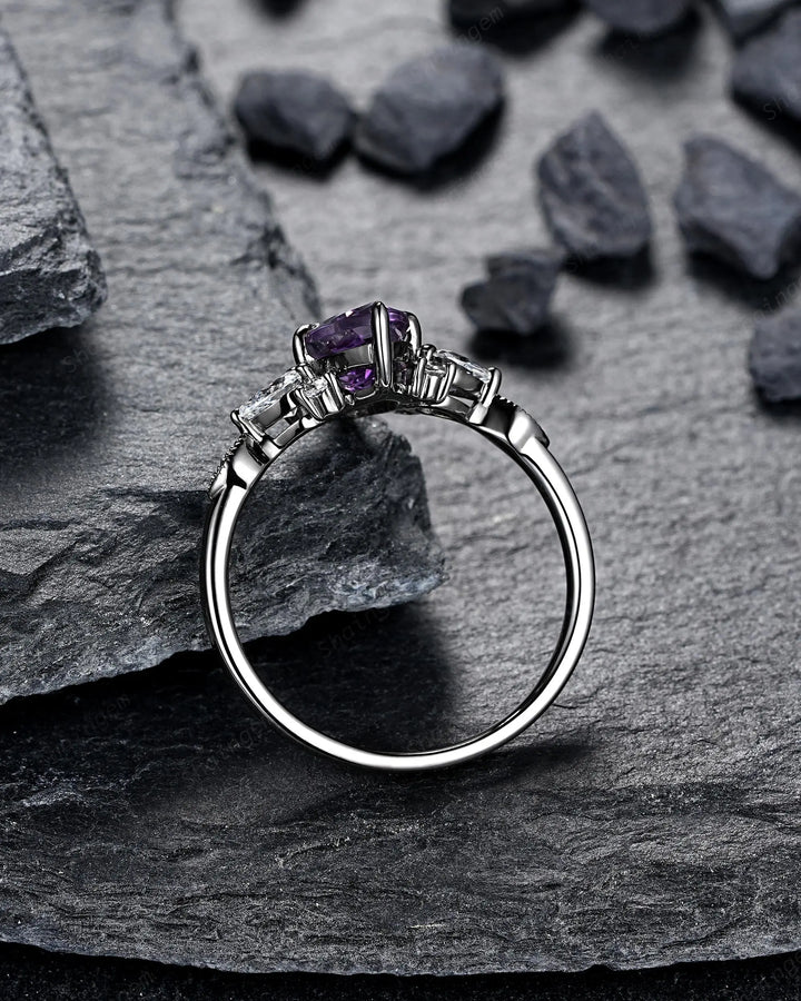 Unique Black Gold Marquise Cut Violet Purple Sapphire Engagement Ring, Gothic Witchy Black Rhodium Wedding Promise Anniversary Gift for her - ShainJewelry