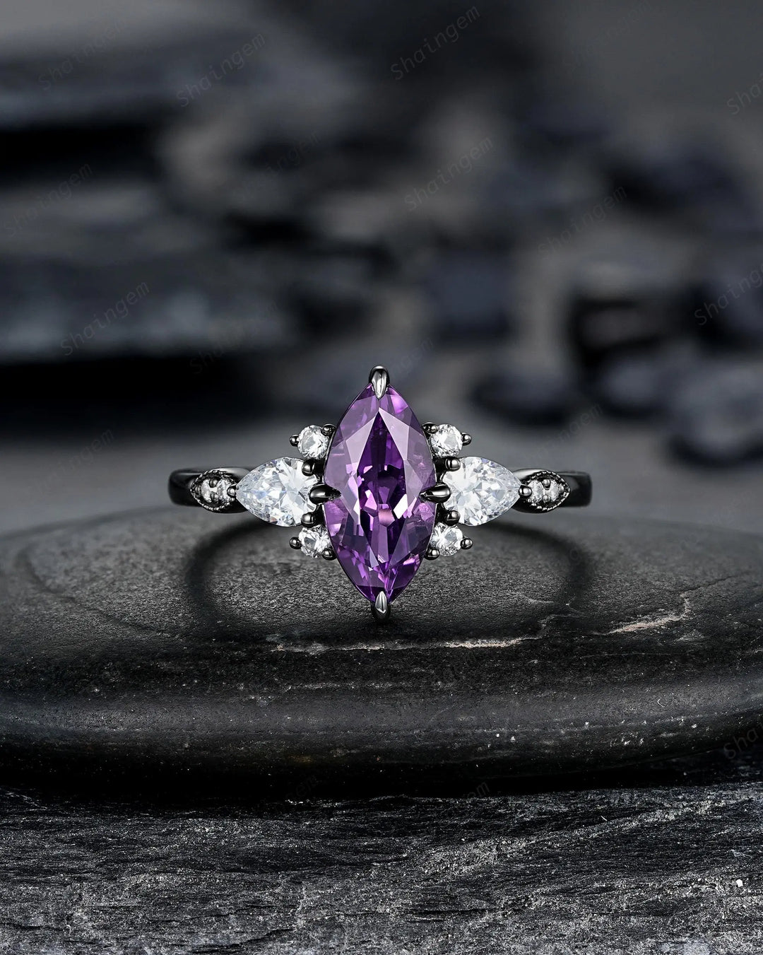 Unique Black Gold Marquise Cut Violet Purple Sapphire Engagement Ring, Gothic Witchy Black Rhodium Wedding Promise Anniversary Gift for her