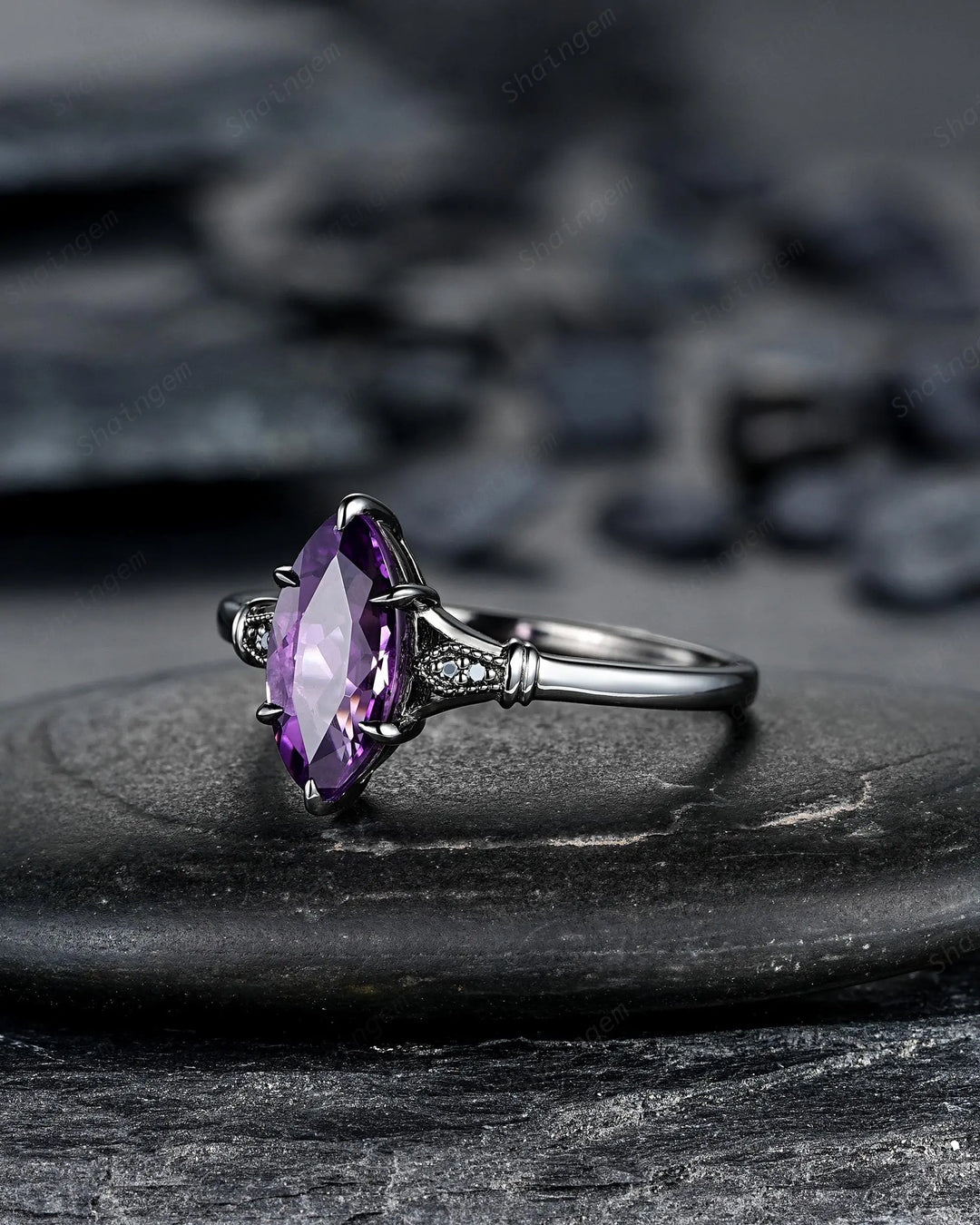 Vintage Black Gold Marquise Cut Violet Purple Sapphire Engagement Ring, Gothic Witchy Black Rhodium Wedding Promise Anniversary Gift Woman - ShainJewelry