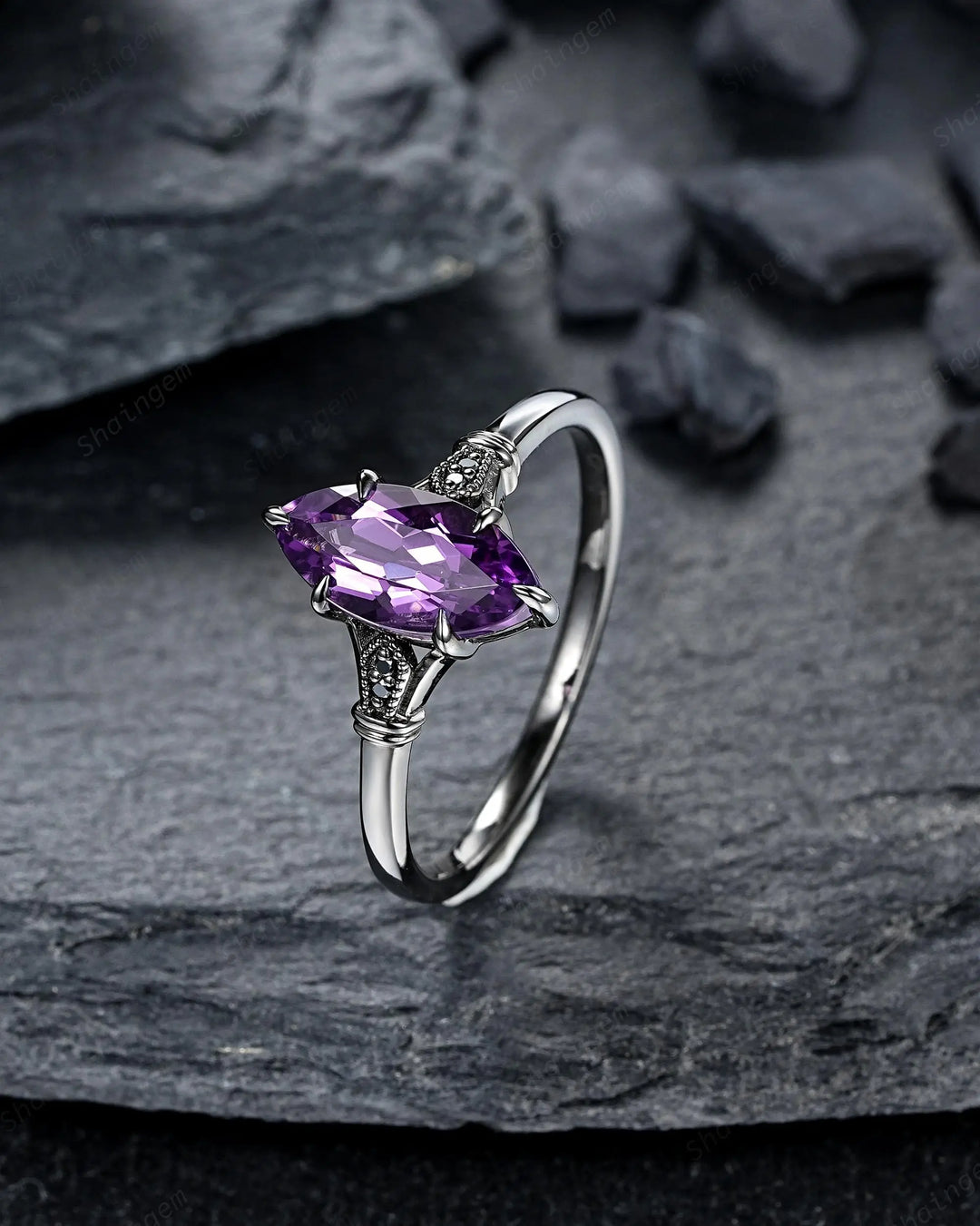 Vintage Black Gold Marquise Cut Violet Purple Sapphire Engagement Ring, Gothic Witchy Black Rhodium Wedding Promise Anniversary Gift Woman - ShainJewelry