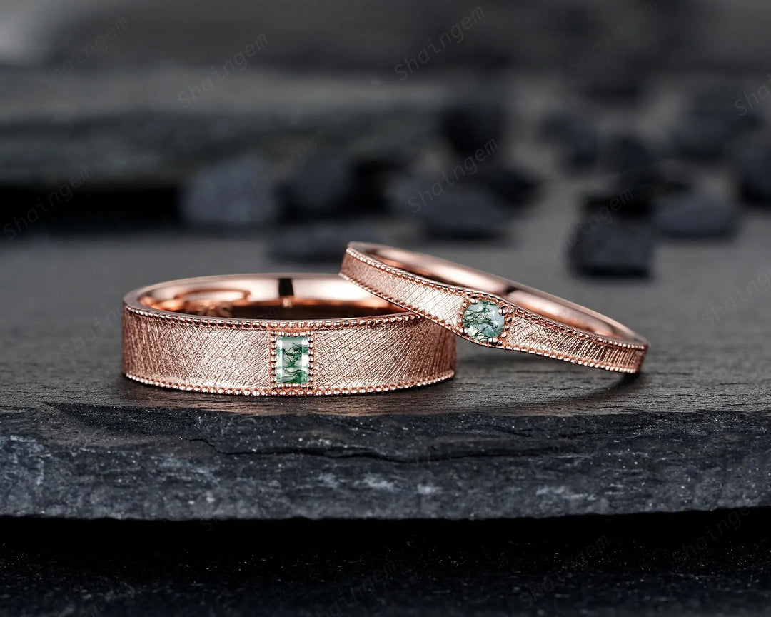 Brushed Satin Full Eternity His and Hers Baguette Moss Agate Solitaire Couple Ring Set, Rose Gold Matching Wedding Band Promise Engagement