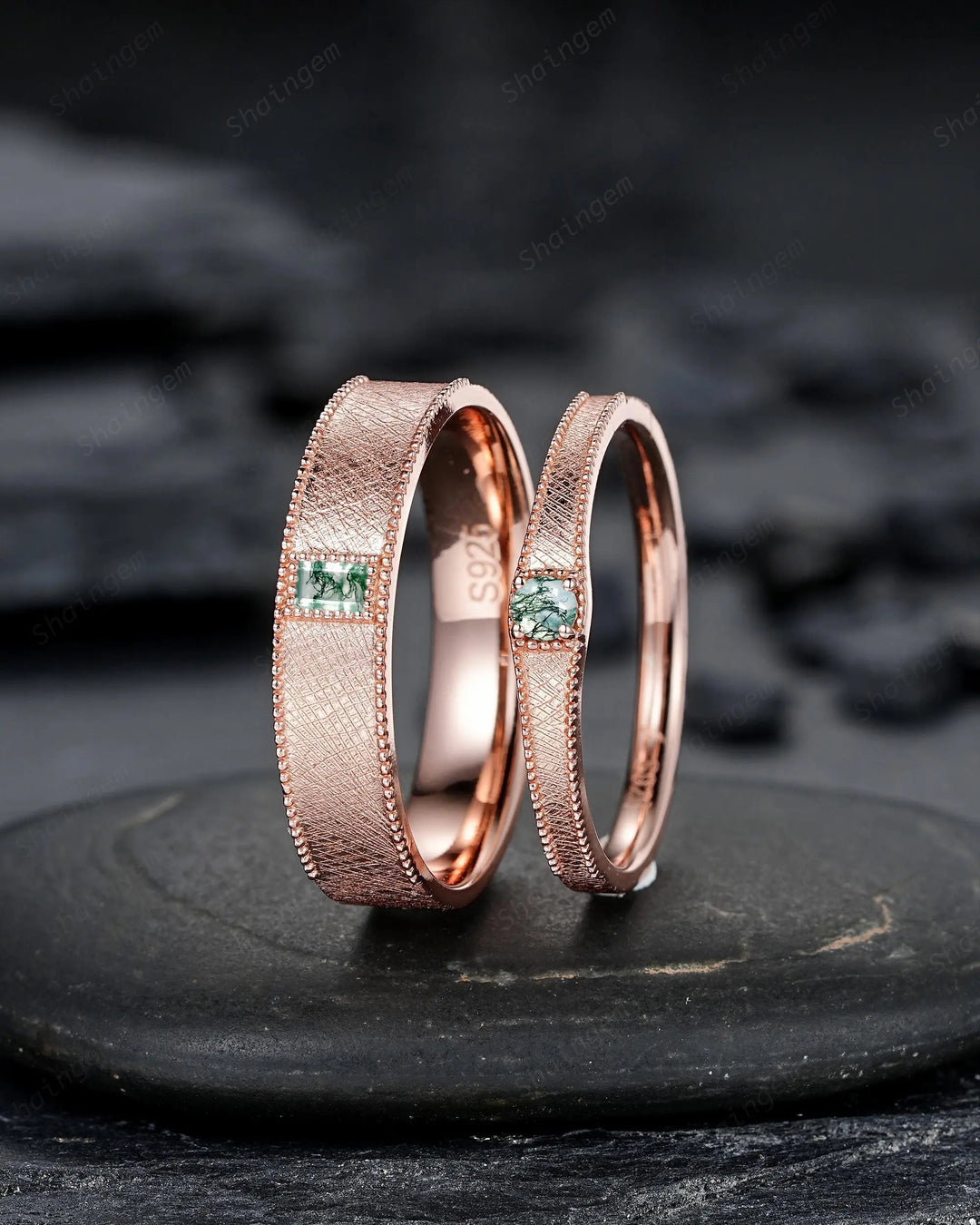 Brushed Satin Full Eternity His and Hers Baguette Moss Agate Solitaire Couple Ring Set, Rose Gold Matching Wedding Band Promise Engagement - ShainJewelry