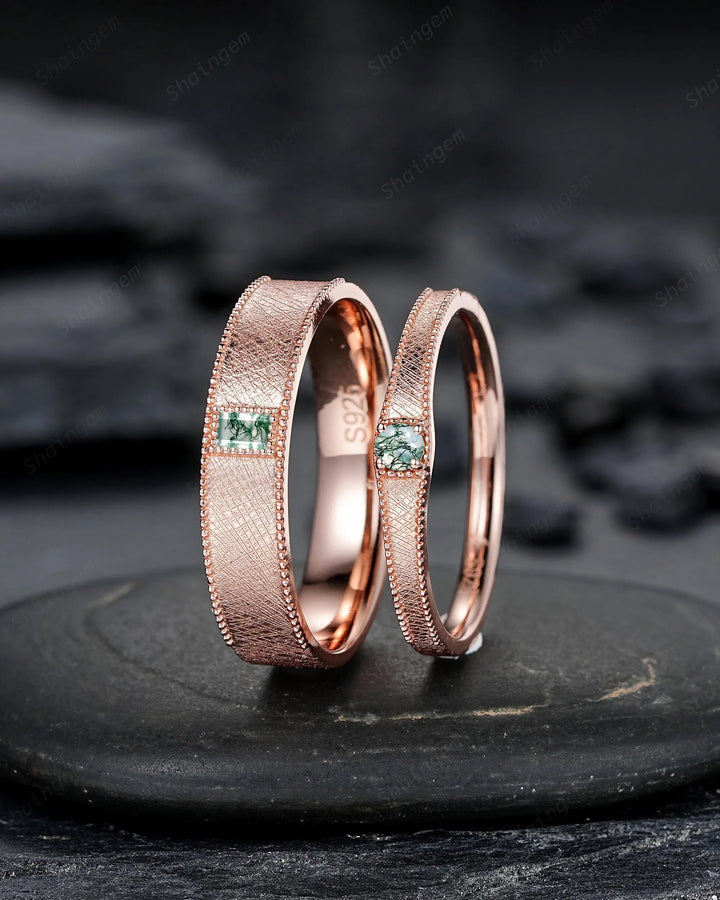 Brushed Satin Full Eternity His and Hers Baguette Moss Agate Solitaire Couple Ring Set, Rose Gold Matching Wedding Band Promise Engagement - ShainJewelry