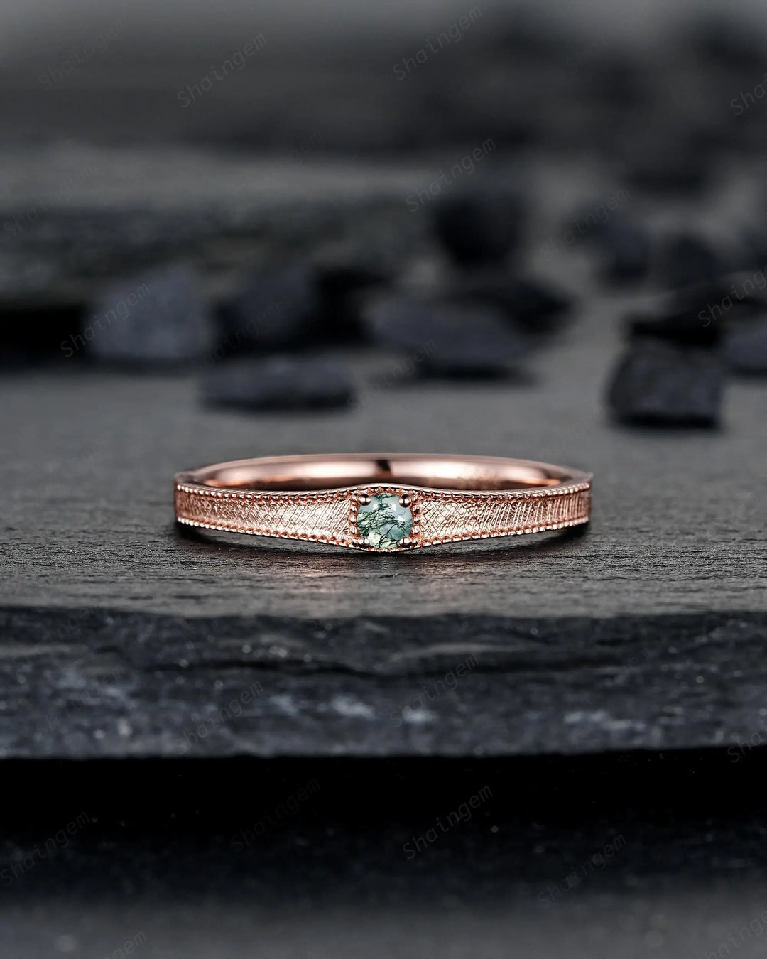 Brushed Satin Full Eternity His and Hers Baguette Moss Agate Solitaire Couple Ring Set, Rose Gold Matching Wedding Band Promise Engagement - ShainJewelry