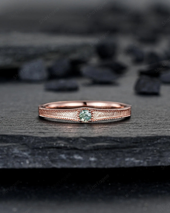 Brushed Satin Full Eternity His and Hers Baguette Moss Agate Solitaire Couple Ring Set, Rose Gold Matching Wedding Band Promise Engagement - ShainJewelry