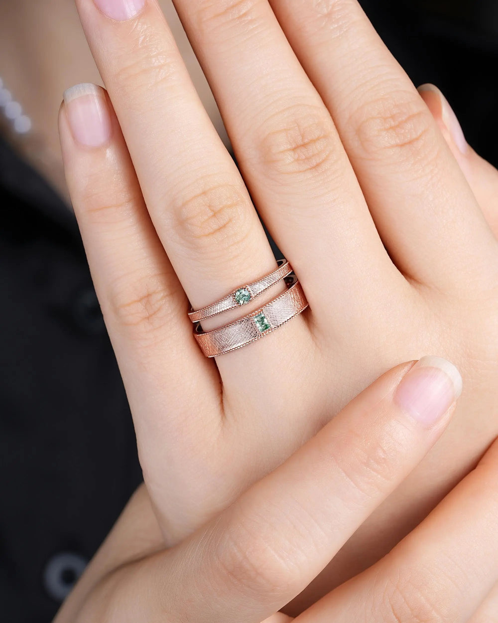 Brushed Satin Full Eternity His and Hers Baguette Moss Agate Solitaire Couple Ring Set, Rose Gold Matching Wedding Band Promise Engagement