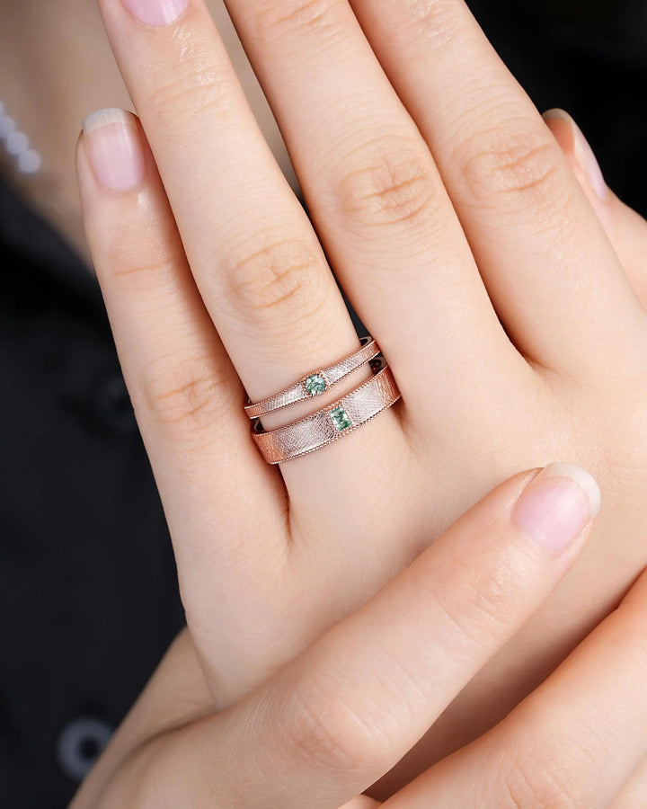 Brushed Satin Full Eternity His and Hers Baguette Moss Agate Solitaire Couple Ring Set, Rose Gold Matching Wedding Band Promise Engagement - ShainJewelry