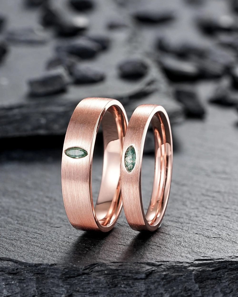 Brushed Full Eternity His and Hers Marquise Moss Agate Solitaire Couple Ring Set, Rose Gold Matching Wedding Band Promise Engagement Rings
