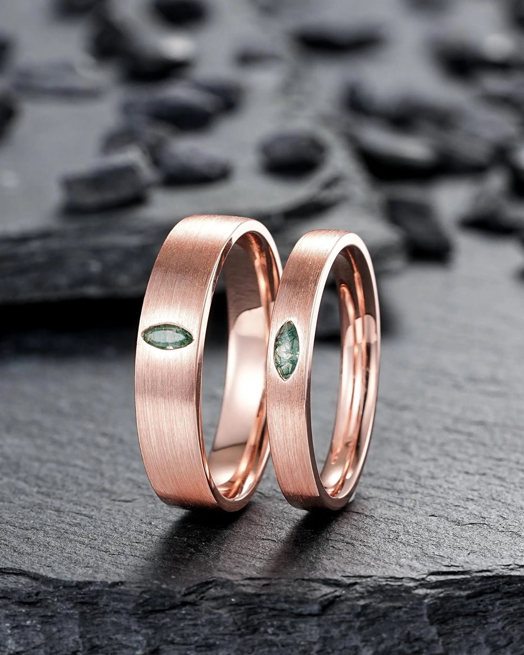 Brushed Full Eternity His and Hers Marquise Moss Agate Solitaire Couple Ring Set, Rose Gold Matching Wedding Band Promise Engagement Rings - ShainJewelry