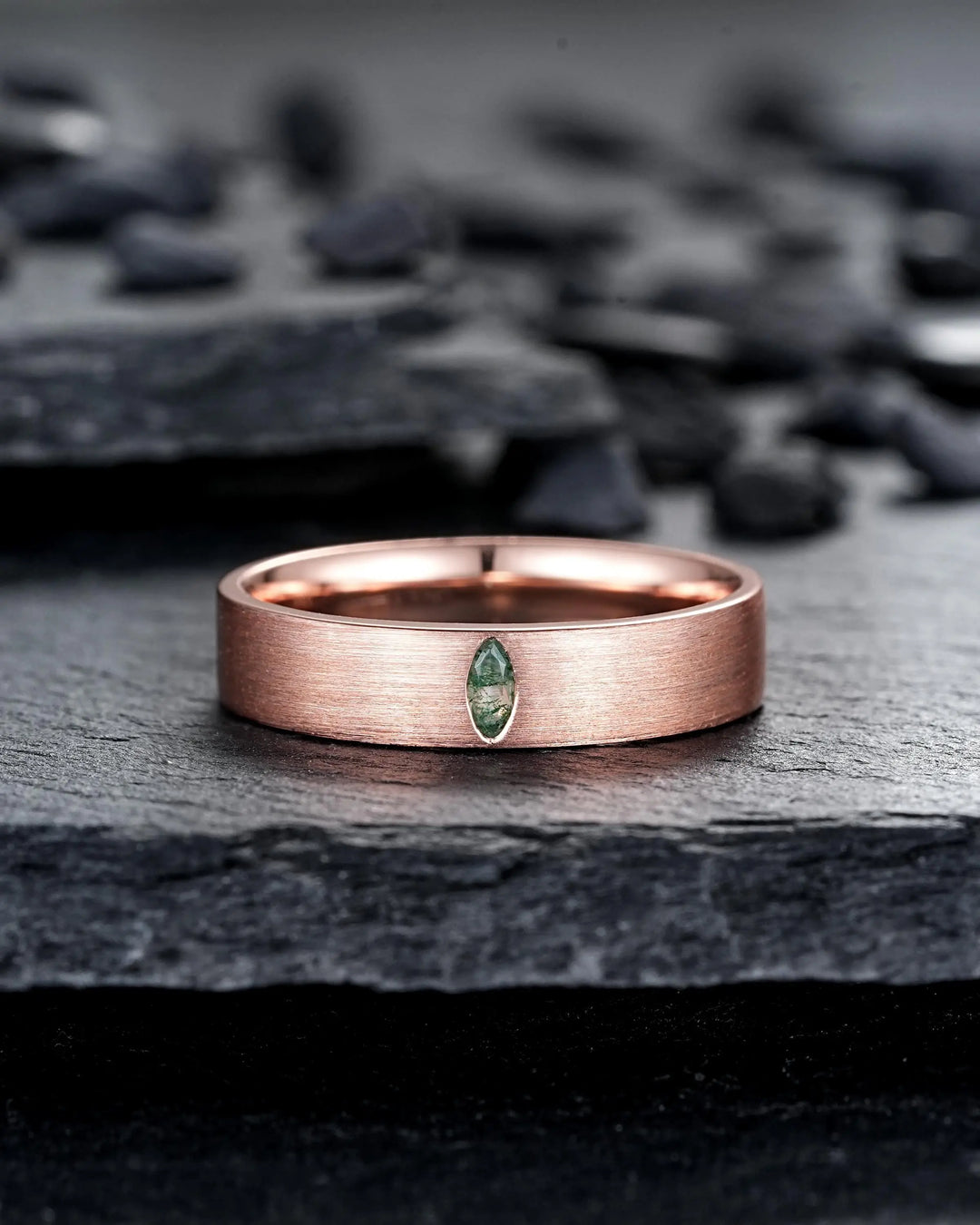 Brushed Full Eternity His and Hers Marquise Moss Agate Solitaire Couple Ring Set, Rose Gold Matching Wedding Band Promise Engagement Rings - ShainJewelry