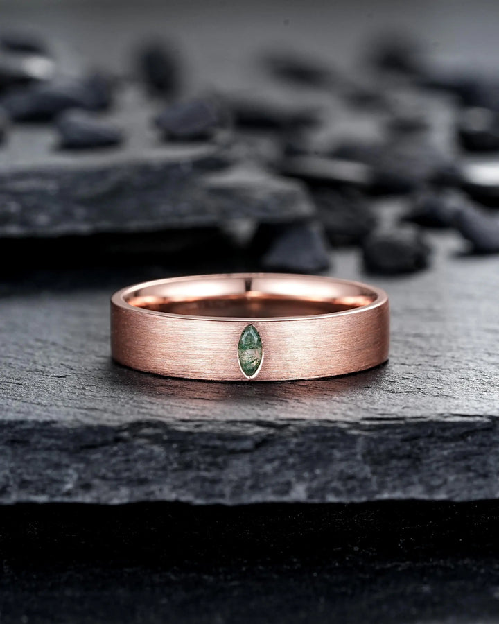 Brushed Full Eternity His and Hers Marquise Moss Agate Solitaire Couple Ring Set, Rose Gold Matching Wedding Band Promise Engagement Rings - ShainJewelry