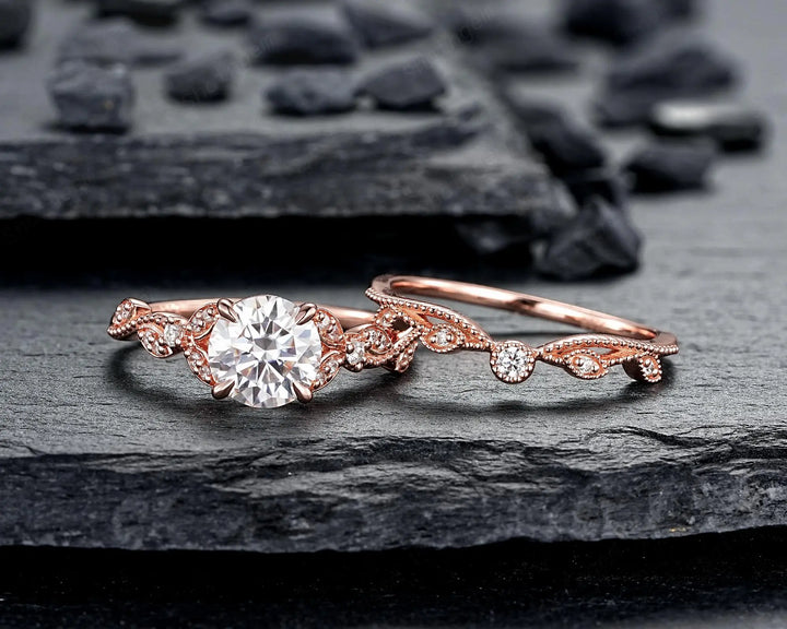 Vintage Round Shape Moissanite Milgrain Engagement Ring Set, Solid 10K 14K 18K Rose Gold Leaf Wedding Promise Platinum, 925 Silver Gift - ShainJewelry