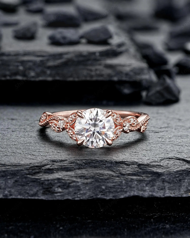 Vintage Round Shape Moissanite Milgrain Engagement Ring Set, Solid 10K 14K 18K Rose Gold Leaf Wedding Promise Platinum, 925 Silver Gift - ShainJewelry