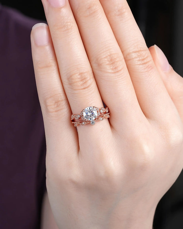 Vintage Round Shape Moissanite Milgrain Engagement Ring Set, Solid 10K 14K 18K Rose Gold Leaf Wedding Promise Platinum, 925 Silver Gift - ShainJewelry