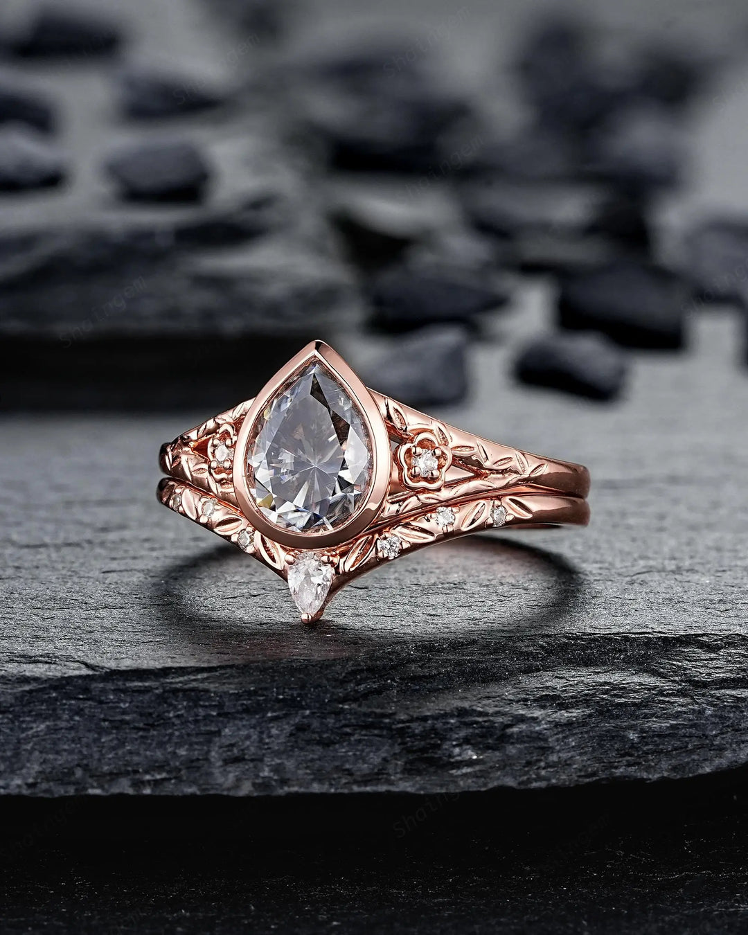 Vintage Pear Shape Gray Moissanite and Diamond Engagement Ring Set, 14K 18K Rose Gold Full Bezel Leaf Promise Wedding Platinum, Silver 925 - ShainJewelry