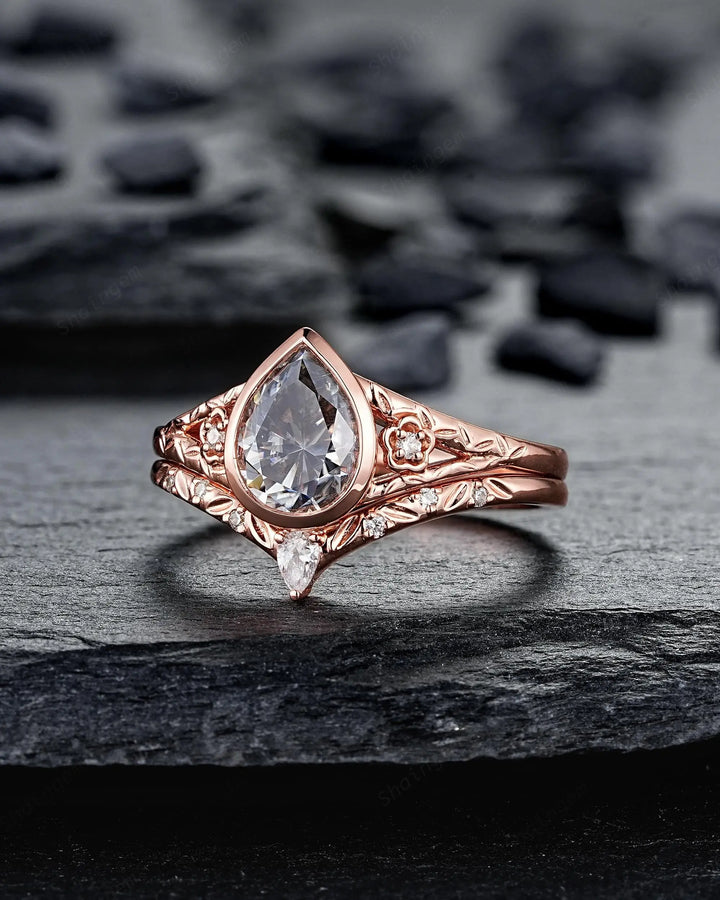 Vintage Pear Shape Gray Moissanite and Diamond Engagement Ring Set, 14K 18K Rose Gold Full Bezel Leaf Promise Wedding Platinum, Silver 925 - ShainJewelry