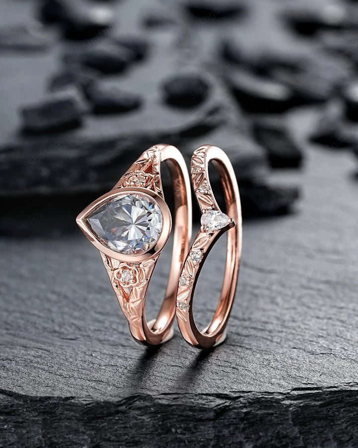 Vintage Pear Shape Gray Moissanite and Diamond Engagement Ring Set, 14K 18K Rose Gold Full Bezel Leaf Promise Wedding Platinum, Silver 925 - ShainJewelry