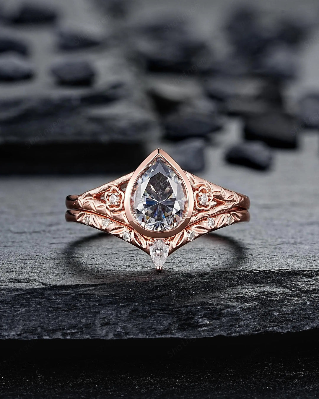 Vintage Pear Shape Gray Moissanite and Diamond Engagement Ring Set, 14K 18K Rose Gold Full Bezel Leaf Promise Wedding Platinum, Silver 925 - ShainJewelry
